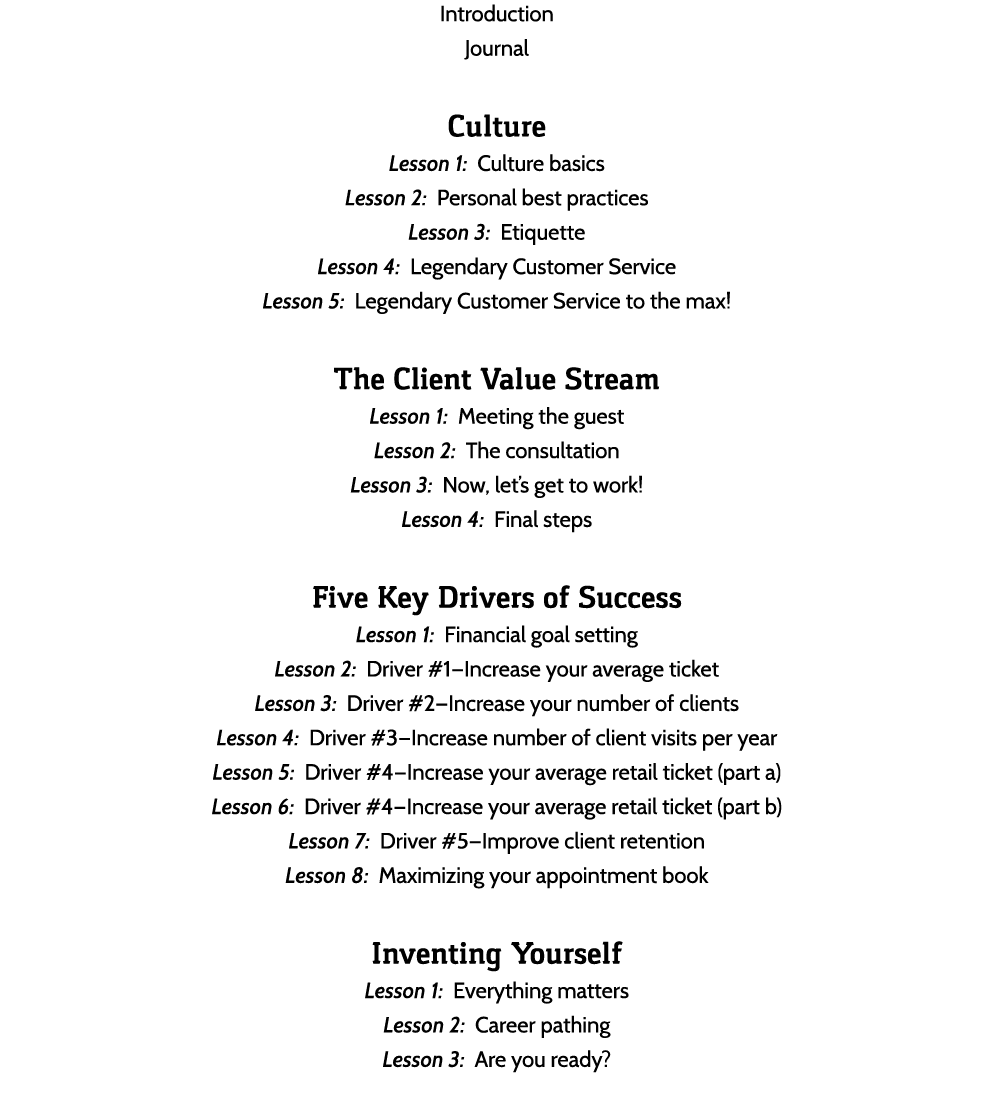 Introduction Journal Culture Lesson 1: Culture basics Lesson 2: Personal best practices Lesson 3: Etiquette Lesson 4:   
